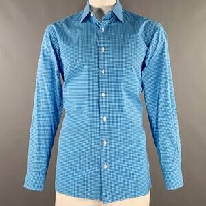 HAMILTON Size XXL Blue Aqua Checkered Cotton Curved Cutaway Long Sleeve Shirt